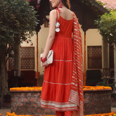 Stylum Women's Rust Solid & Embroidered Rayon Tiered Kurta Pant Dupatta Set (KPDRUSTCAMBRIDGE)