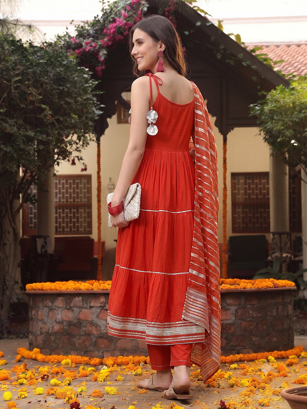 Stylum Women's Rust Solid & Embroidered Rayon Tiered Kurta Pant Dupatta Set (KPDRUSTCAMBRIDGE)
