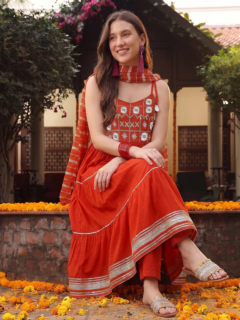Stylum Women's Rust Solid & Embroidered Rayon Tiered Kurta Pant Dupatta Set (KPDRUSTCAMBRIDGE)