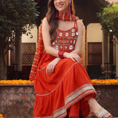 Stylum Women's Rust Solid & Embroidered Rayon Tiered Kurta Pant Dupatta Set (KPDRUSTCAMBRIDGE)