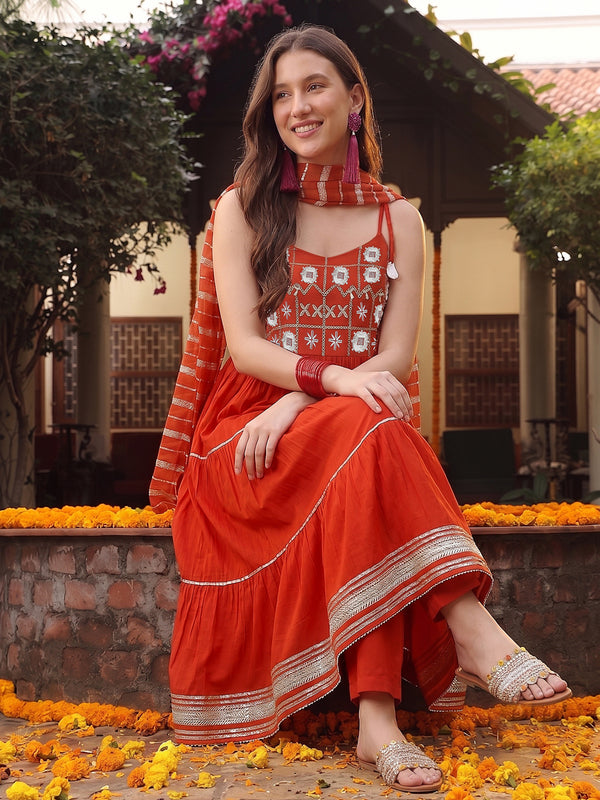 Stylum Women's Rust Solid & Embroidered Rayon Tiered Kurta Pant Dupatta Set (KPDRUSTCAMBRIDGE)