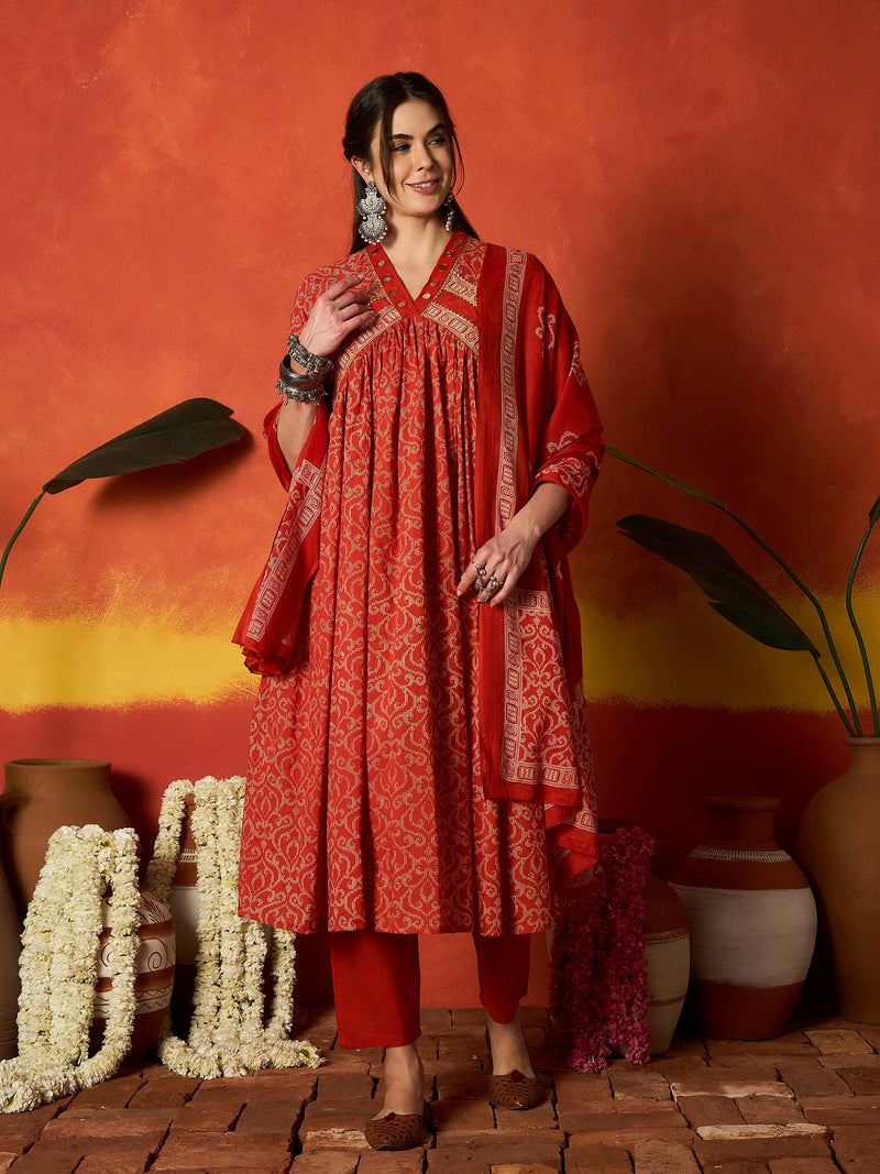Stylum Women's Rust Printed Cotton Alia Kurta Pant Dupatta Set (KPDRUSTCHIRMI)