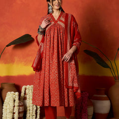 Stylum Women's Rust Printed Cotton Alia Kurta Pant Dupatta Set (KPDRUSTCHIRMI)