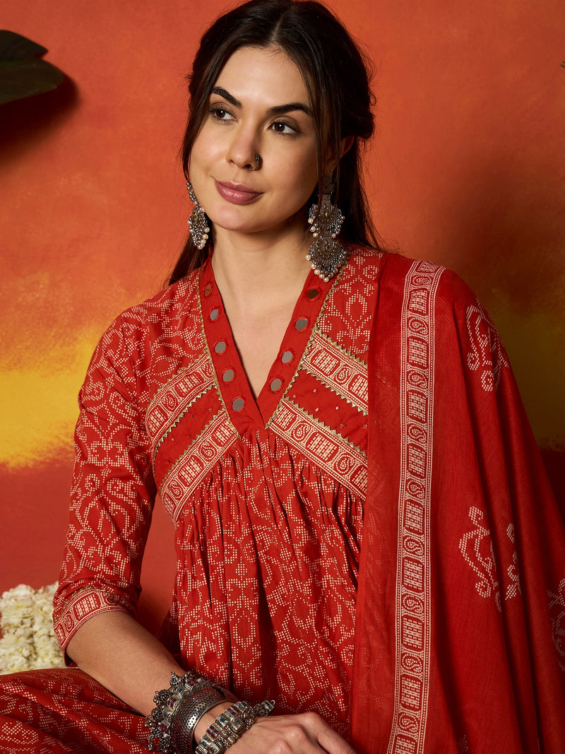 Stylum Women's Rust Printed Cotton Alia Kurta Pant Dupatta Set (KPDRUSTCHIRMI)