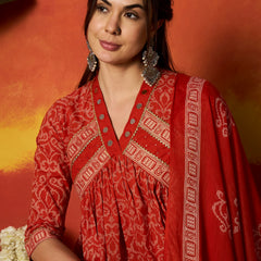 Stylum Women's Rust Printed Cotton Alia Kurta Pant Dupatta Set (KPDRUSTCHIRMI)