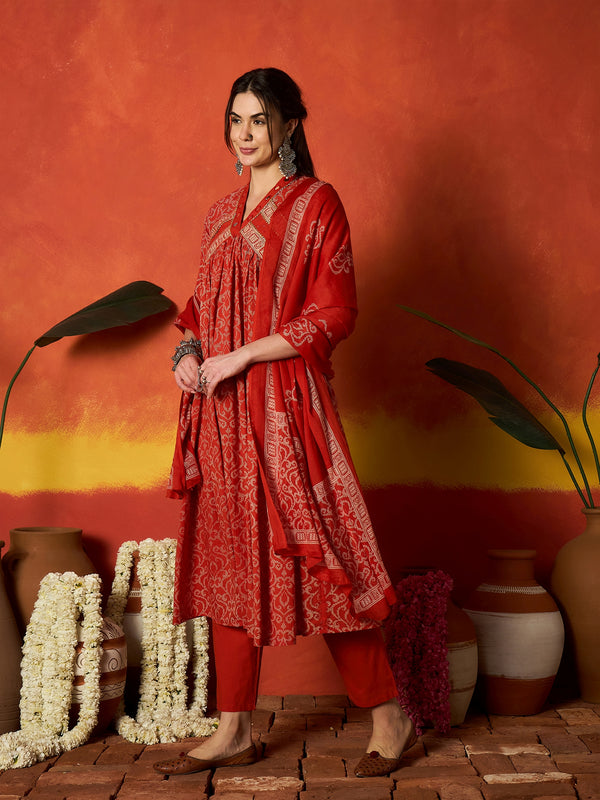 Stylum Women's Rust Printed Cotton Alia Kurta Pant Dupatta Set (KPDRUSTCHIRMI)