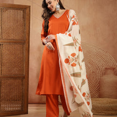 Stylum Women's Rust Solid Rayon Straight Kurta Pant Dupatta Set (KPDRUSTGOLIMA)