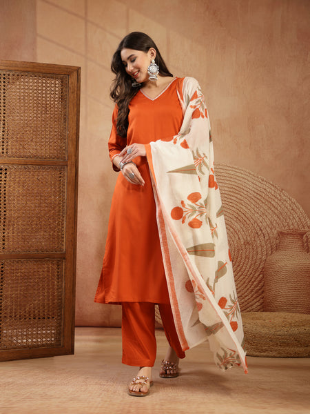 Stylum Women's Rust Solid Rayon Straight Kurta Pant Dupatta Set (KPDRUSTGOLIMA)