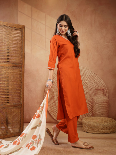 Stylum Women's Rust Solid Rayon Straight Kurta Pant Dupatta Set (KPDRUSTGOLIMA)