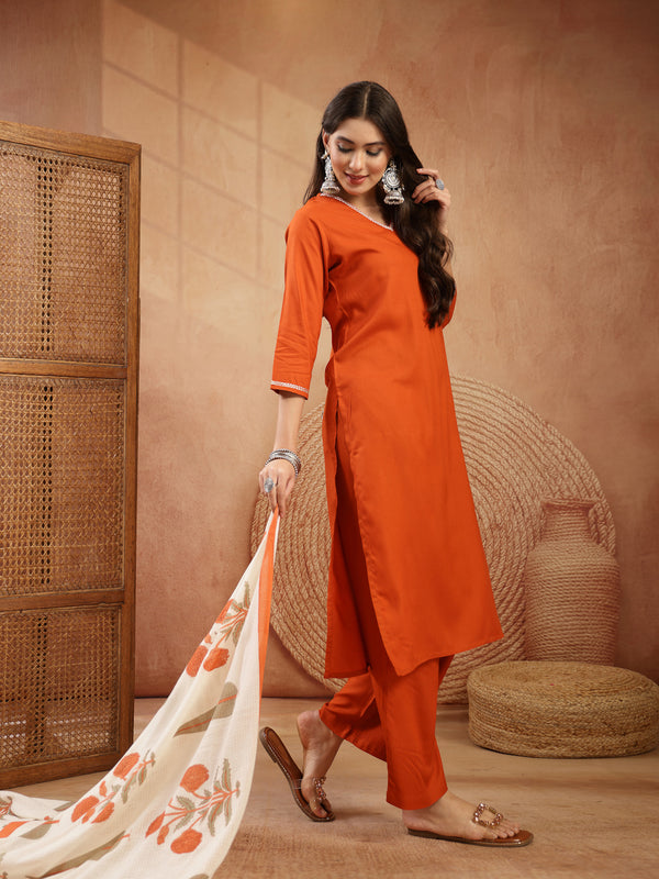 Stylum Women's Rust Solid Rayon Straight Kurta Pant Dupatta Set (KPDRUSTGOLIMA)