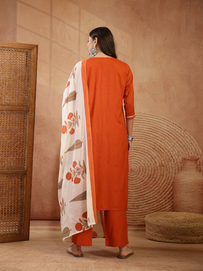 Stylum Women's Rust Solid Rayon Straight Kurta Pant Dupatta Set (KPDRUSTGOLIMA)