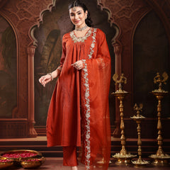Stylum Women's Rust Solid & Embroidered Crepe A-Line Kurta Pant Dupatta Set (KPDRUSTJAMA)