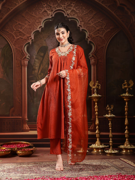 Stylum Women's Rust Solid & Embroidered Crepe A-Line Kurta Pant Dupatta Set (KPDRUSTJAMA)