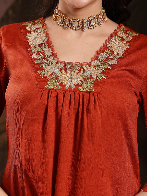 Stylum Women's Rust Solid & Embroidered Crepe A-Line Kurta Pant Dupatta Set (KPDRUSTJAMA)