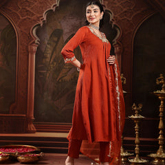 Stylum Women's Rust Solid & Embroidered Crepe A-Line Kurta Pant Dupatta Set (KPDRUSTJAMA)