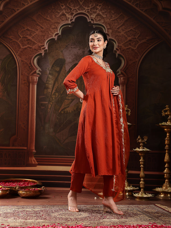 Stylum Women's Rust Solid & Embroidered Crepe A-Line Kurta Pant Dupatta Set (KPDRUSTJAMA)