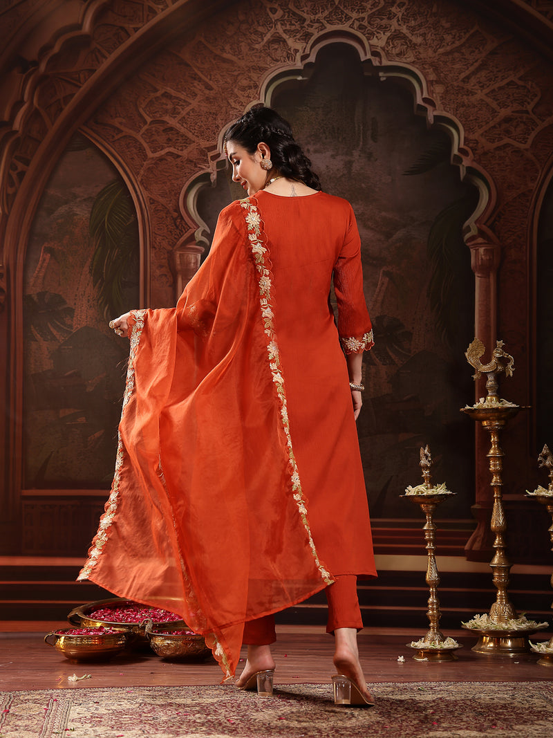 Stylum Women's Rust Solid & Embroidered Crepe A-Line Kurta Pant Dupatta Set (KPDRUSTJAMA)
