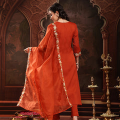 Stylum Women's Rust Solid & Embroidered Crepe A-Line Kurta Pant Dupatta Set (KPDRUSTJAMA)
