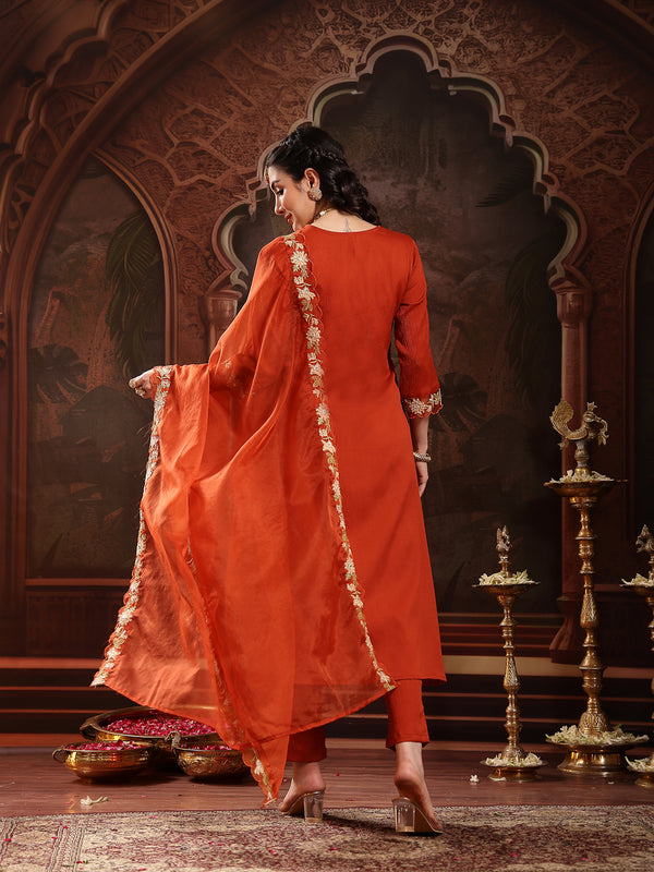 Stylum Women's Rust Solid & Embroidered Crepe A-Line Kurta Pant Dupatta Set (KPDRUSTJAMA)