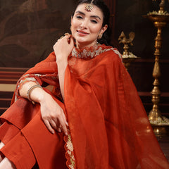 Stylum Women's Rust Solid & Embroidered Crepe A-Line Kurta Pant Dupatta Set (KPDRUSTJAMA)