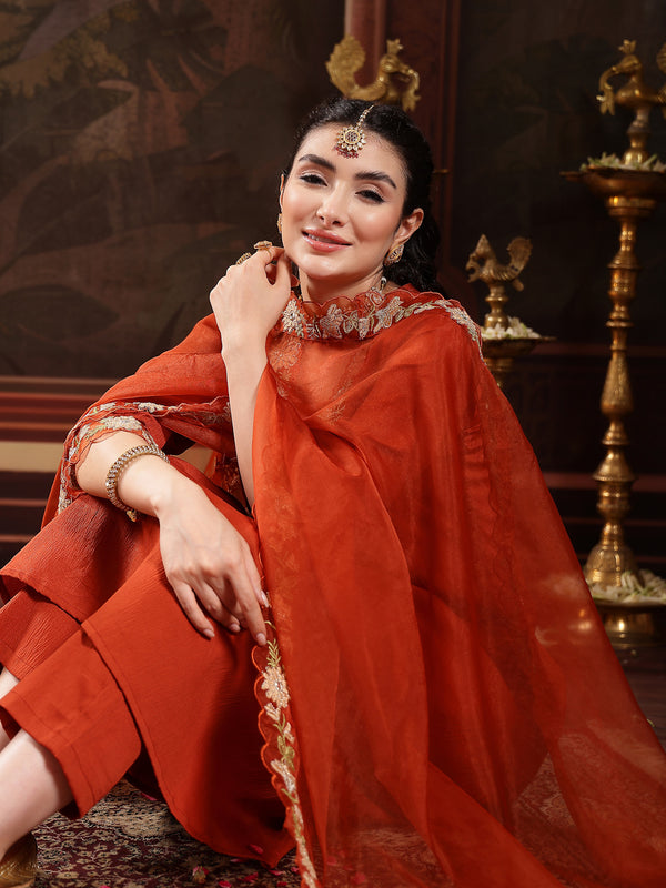 Stylum Women's Rust Solid & Embroidered Crepe A-Line Kurta Pant Dupatta Set (KPDRUSTJAMA)
