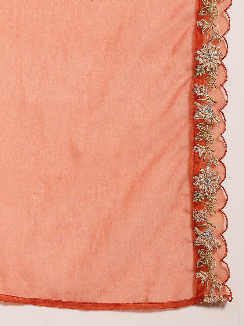 Stylum Women's Rust Solid & Embroidered Crepe A-Line Kurta Pant Dupatta Set (KPDRUSTJAMA)