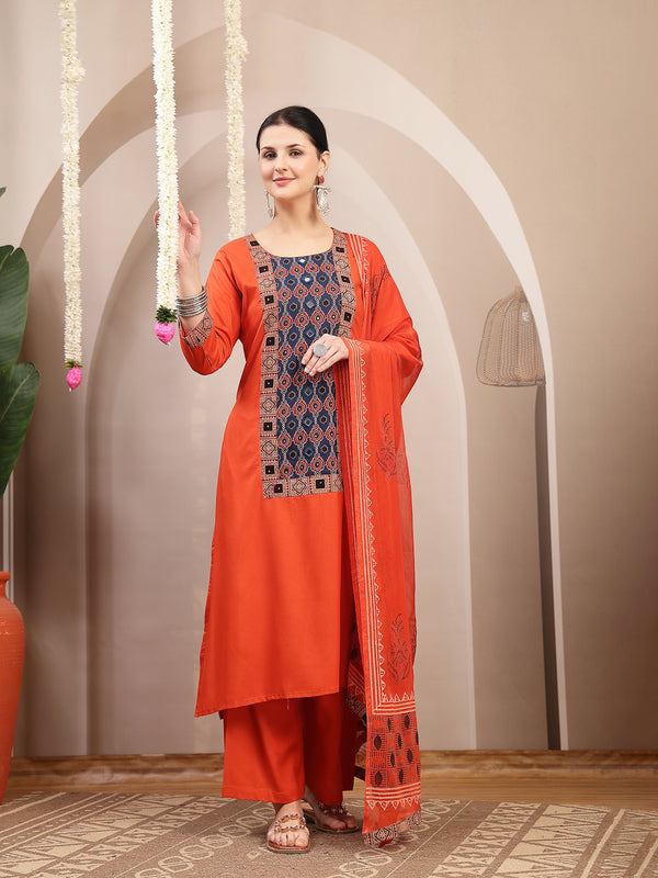Stylum Women's Rust Solid Rayon A-Line Kurta Palazzo Dupatta Set (KPDRUSTKORAM)