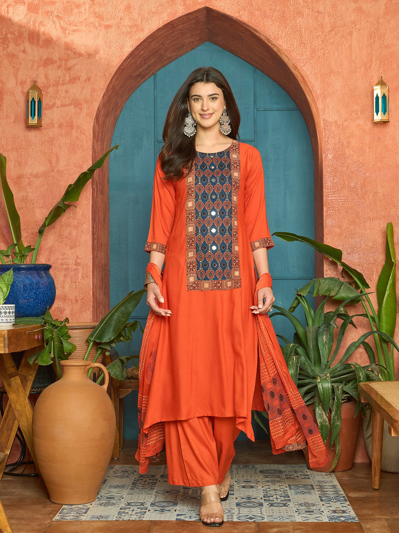 Stylum Women's Rust Solid Rayon A-Line Kurta Palazzo Dupatta Set (KPDRUSTKORAM)