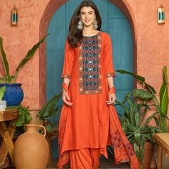Stylum Women's Rust Solid Rayon A-Line Kurta Palazzo Dupatta Set (KPDRUSTKORAM)