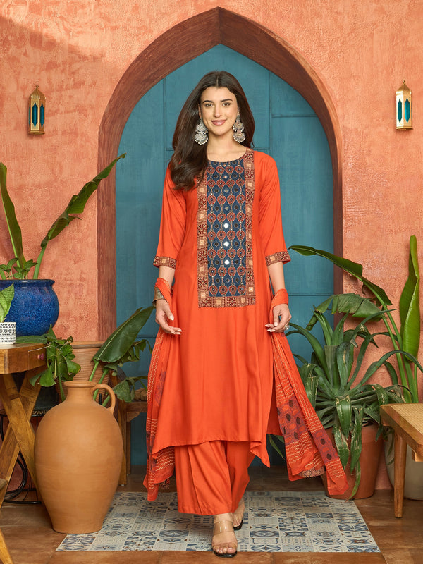 Stylum Women's Rust Solid Rayon A-Line Kurta Palazzo Dupatta Set (KPDRUSTKORAM)