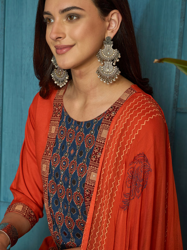 Stylum Women's Rust Solid Rayon A-Line Kurta Palazzo Dupatta Set (KPDRUSTKORAM)