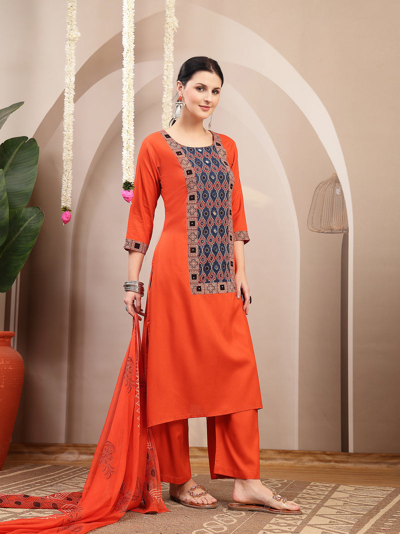 Stylum Women's Rust Solid Rayon A-Line Kurta Palazzo Dupatta Set (KPDRUSTKORAM)