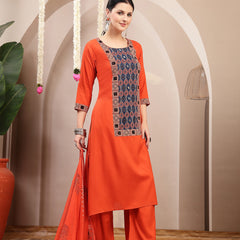 Stylum Women's Rust Solid Rayon A-Line Kurta Palazzo Dupatta Set (KPDRUSTKORAM)