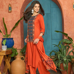 Stylum Women's Rust Solid Rayon A-Line Kurta Palazzo Dupatta Set (KPDRUSTKORAM)