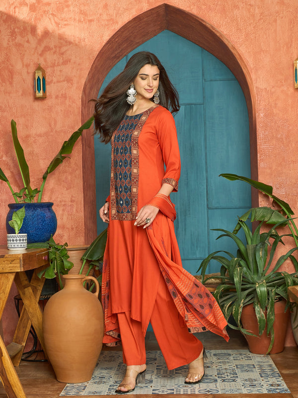 Stylum Women's Rust Solid Rayon A-Line Kurta Palazzo Dupatta Set (KPDRUSTKORAM)