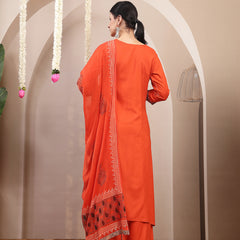 Stylum Women's Rust Solid Rayon A-Line Kurta Palazzo Dupatta Set (KPDRUSTKORAM)