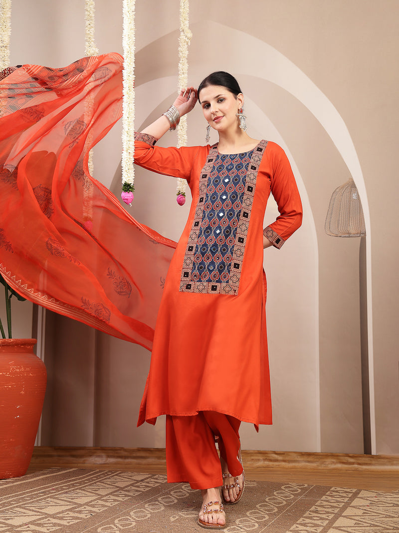 Stylum Women's Rust Solid Rayon A-Line Kurta Palazzo Dupatta Set (KPDRUSTKORAM)