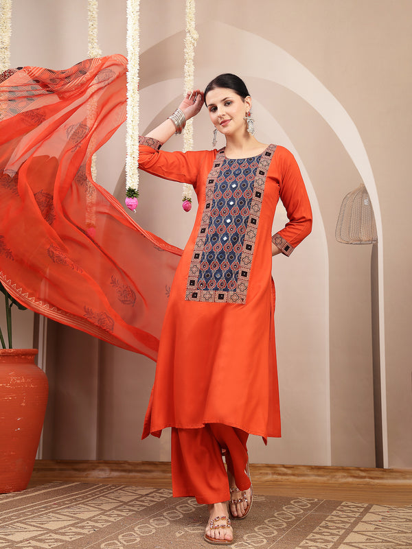Stylum Women's Rust Solid Rayon A-Line Kurta Palazzo Dupatta Set (KPDRUSTKORAM)