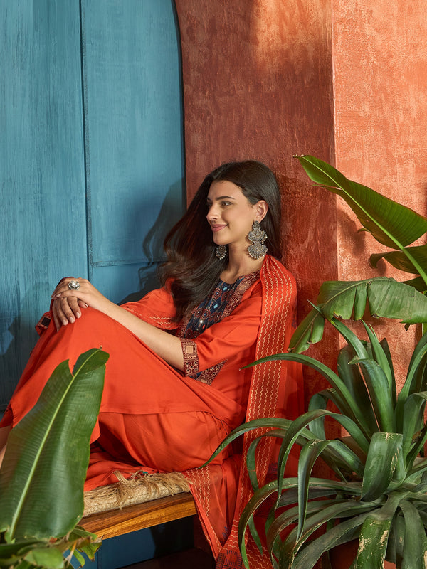 Stylum Women's Rust Solid Rayon A-Line Kurta Palazzo Dupatta Set (KPDRUSTKORAM)
