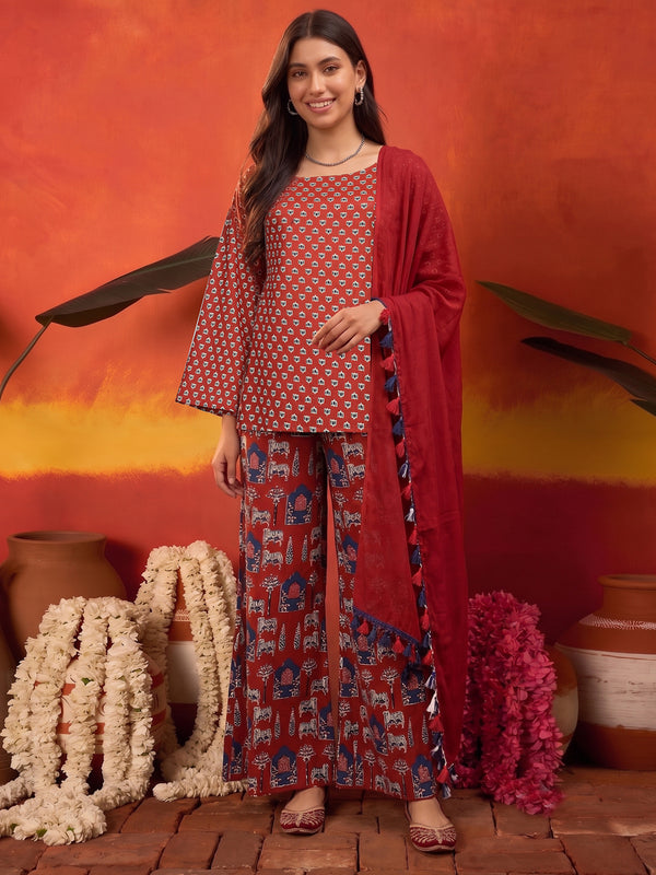 Stylum Women's Rust Ethnic Printed Cotton Short Kurti Palazzo Dupatta Set (KPDRUSTMANTRA)