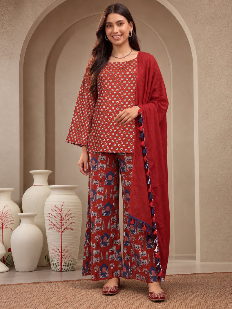 Stylum Women's Rust Ethnic Printed Cotton Short Kurti Palazzo Dupatta Set (KPDRUSTMANTRA)