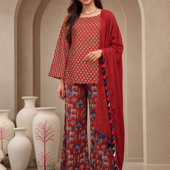 Stylum Women's Rust Ethnic Printed Cotton Short Kurti Palazzo Dupatta Set (KPDRUSTMANTRA)