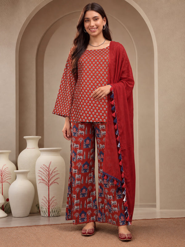Stylum Women's Rust Ethnic Printed Cotton Short Kurti Palazzo Dupatta Set (KPDRUSTMANTRA)