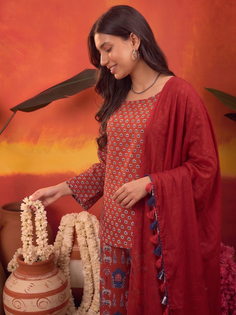 Stylum Women's Rust Ethnic Printed Cotton Short Kurti Palazzo Dupatta Set (KPDRUSTMANTRA)