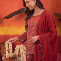 Stylum Women's Rust Ethnic Printed Cotton Short Kurti Palazzo Dupatta Set (KPDRUSTMANTRA)