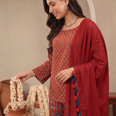 Stylum Women's Rust Ethnic Printed Cotton Short Kurti Palazzo Dupatta Set (KPDRUSTMANTRA)