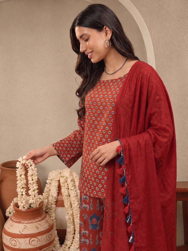 Stylum Women's Rust Ethnic Printed Cotton Short Kurti Palazzo Dupatta Set (KPDRUSTMANTRA)