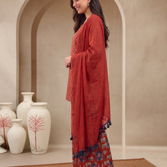 Stylum Women's Rust Ethnic Printed Cotton Short Kurti Palazzo Dupatta Set (KPDRUSTMANTRA)