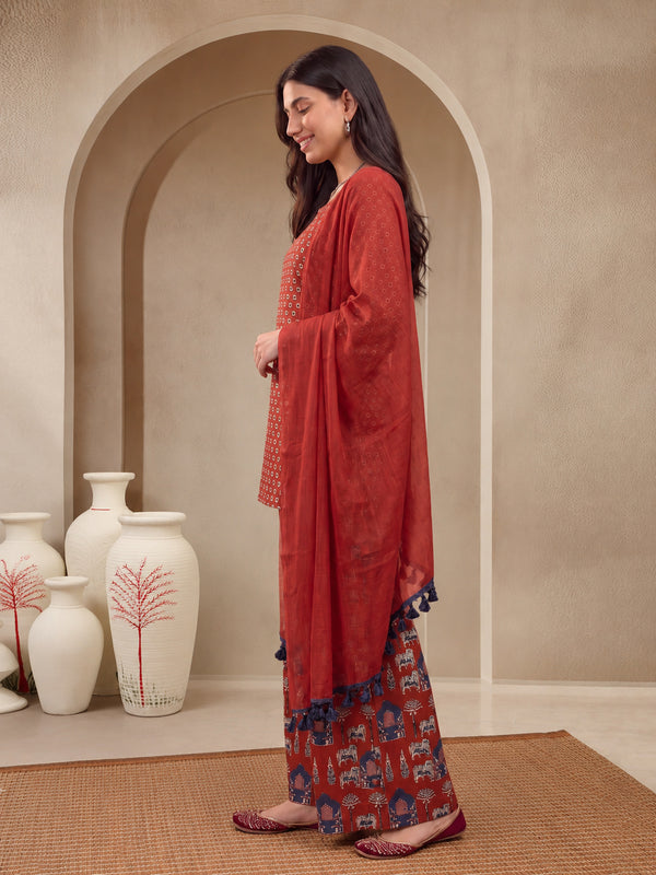 Stylum Women's Rust Ethnic Printed Cotton Short Kurti Palazzo Dupatta Set (KPDRUSTMANTRA)