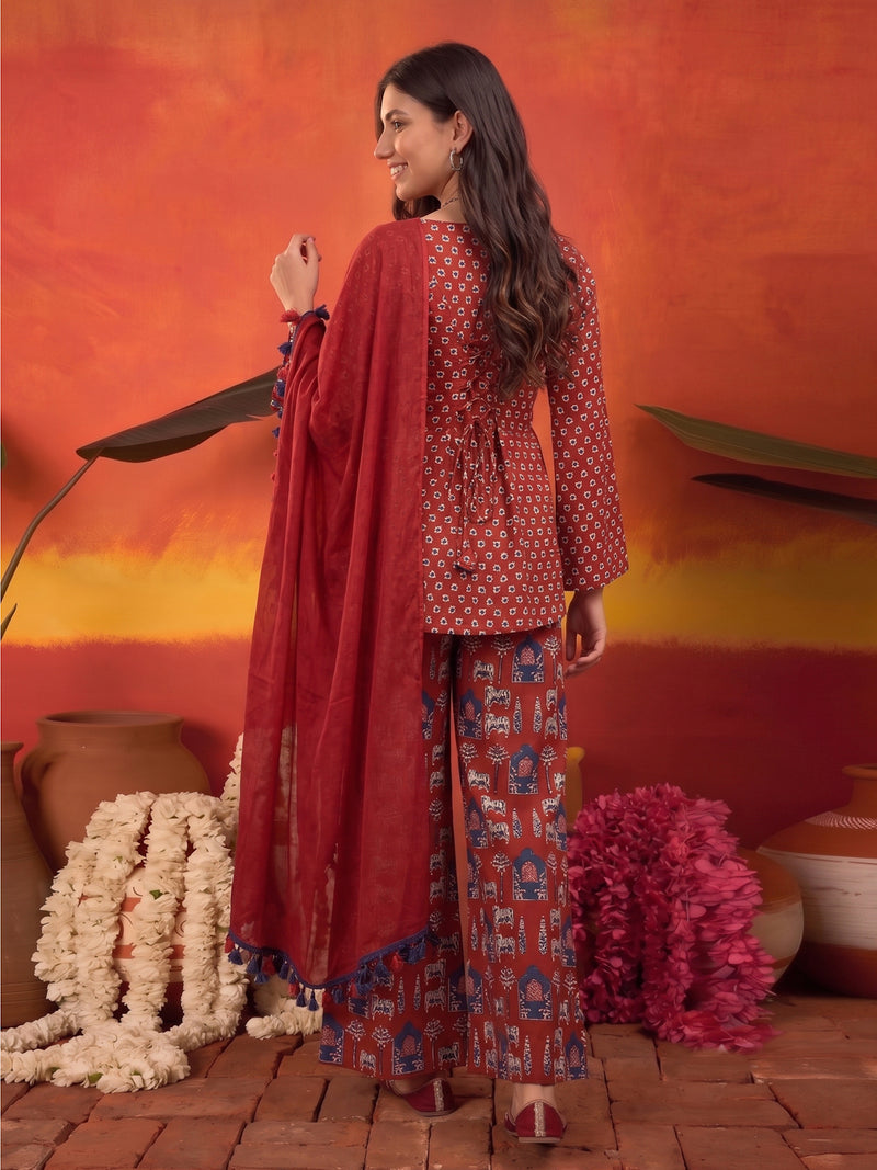 Stylum Women's Rust Ethnic Printed Cotton Short Kurti Palazzo Dupatta Set (KPDRUSTMANTRA)